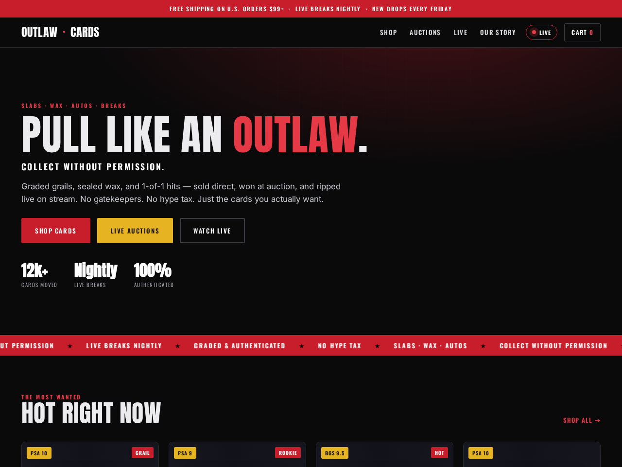 Outlaw Trading Cards live site preview